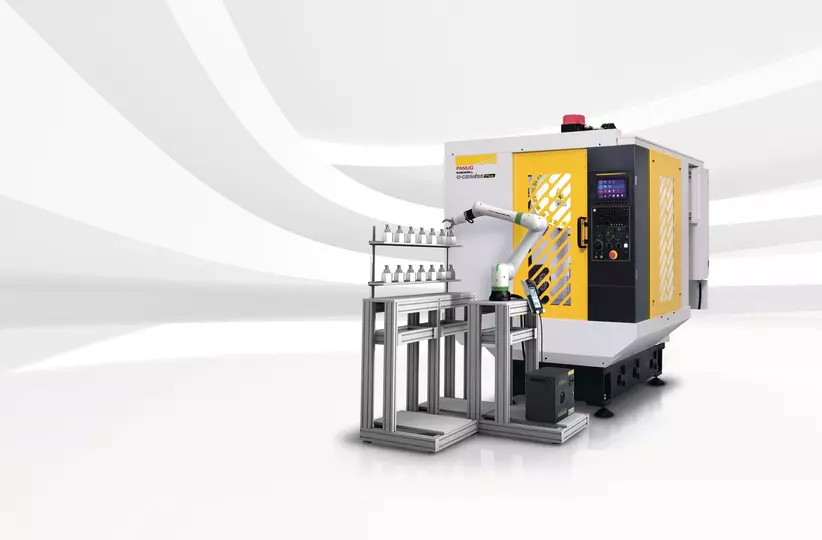 CRX-10iA with ROBODRILL D21MiB5Plus. 3D Rendering.