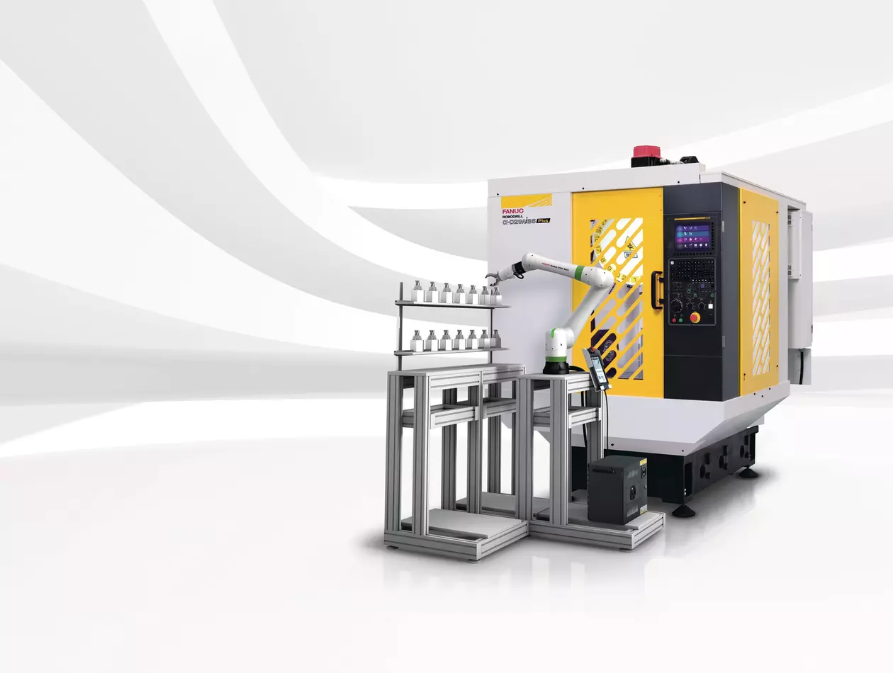 CRX-10iA with ROBODRILL D21MiB5Plus. 3D Rendering.