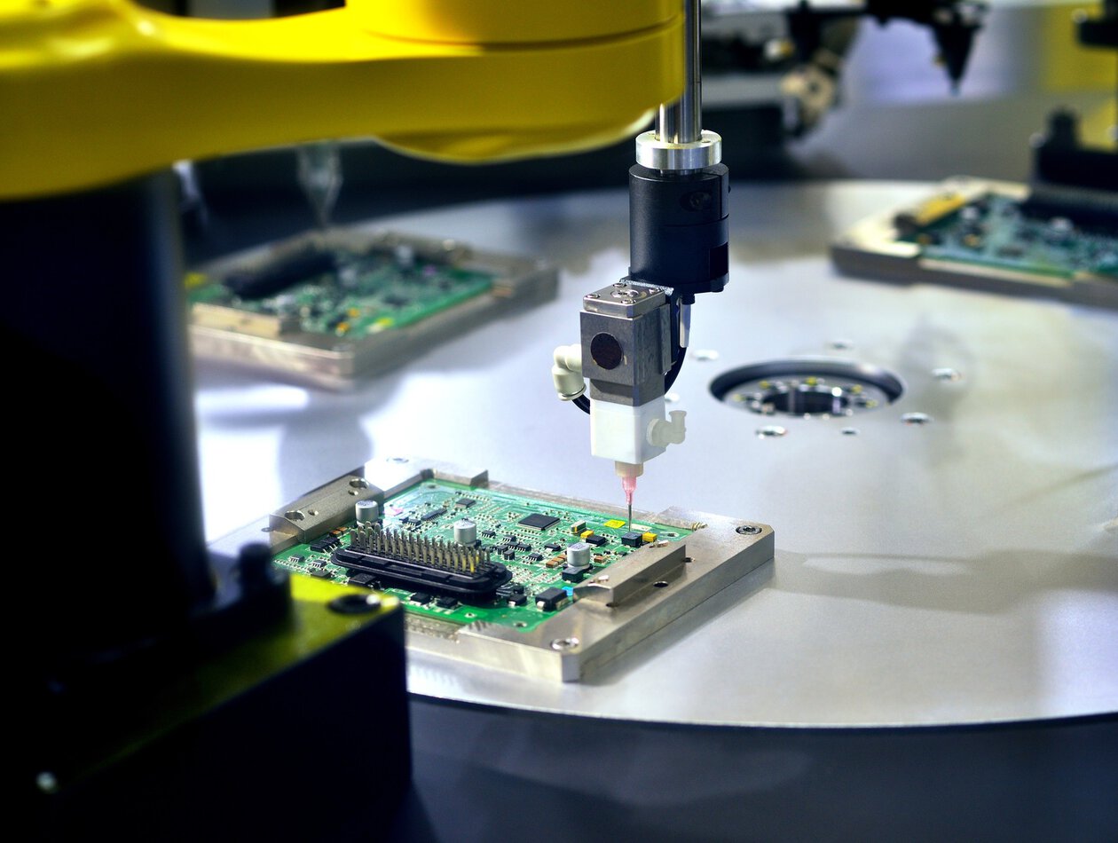 Close-up of circuit board at production line.
1170628765
Microchip and microprocessor assembly with automated robotic arm factory equipment, electronics and component installation on circuit board
Microchip and microprocessor assembly with automated robotic arm factory equipment, electronics and component installation on circuit board