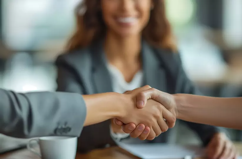 Multiracial group of young creative people in smart casual wear discussing business shaking hands together and smiling while sitting in modern office. Partner cooperation, coworker teamwork concept.
agency, agree, agreement, asian, business, businessman, businesswoman, career, casual, colleagues, commerce, communication, conference, confirm, contract, cooperation, corporate, customer, deal, female, finance, greeting, hand, handshake, happy, job, leadership, male, man, manager, marketing, meeting, office, partnership, people, professional, shake, startup, success, talk, team, teamwork, together, transaction, trust, union, woman, work, worker, young
Agreement by handshake to the job offer
Business women shaking hand with man during meeting. hiring concept