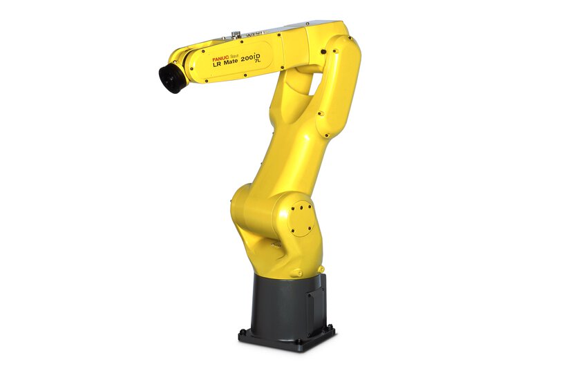 Image of LR Mate/7-9D (LR Mate 200iD/7L) from a left view. The FANUC LR Mate/7-9D is a compact 6 axis robot ideal for process automation in many industries.