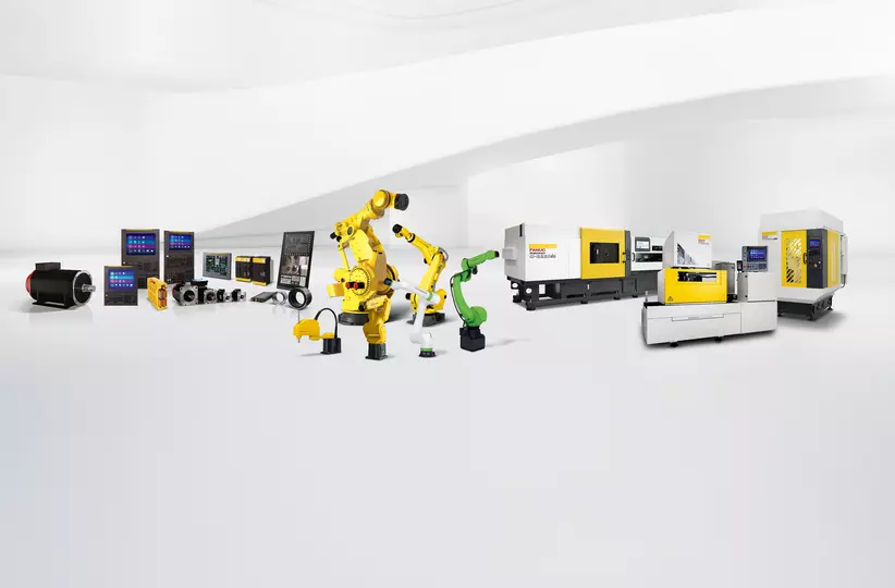 This composite image shows the wide product range of FANUC (FA, Robots and ROBOMACHINES) in a white hall background. High resolution image.
Corporate,  hall background,  product range,  white
Product range...