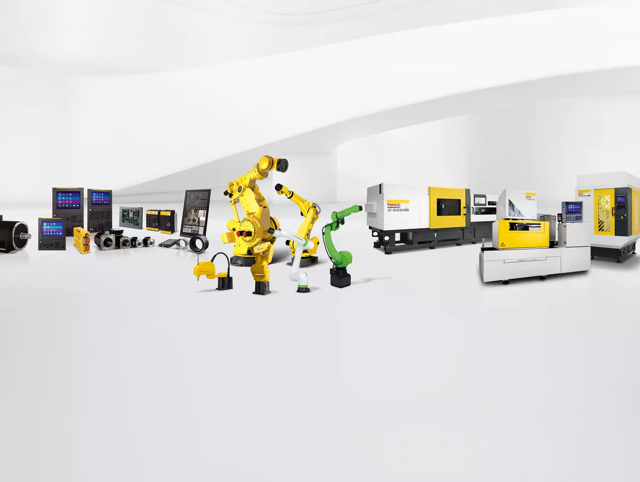 This composite image shows the wide product range of FANUC (FA, Robots and ROBOMACHINES) in a white hall background. High resolution image.
Corporate,  hall background,  product range,  white
Product range...