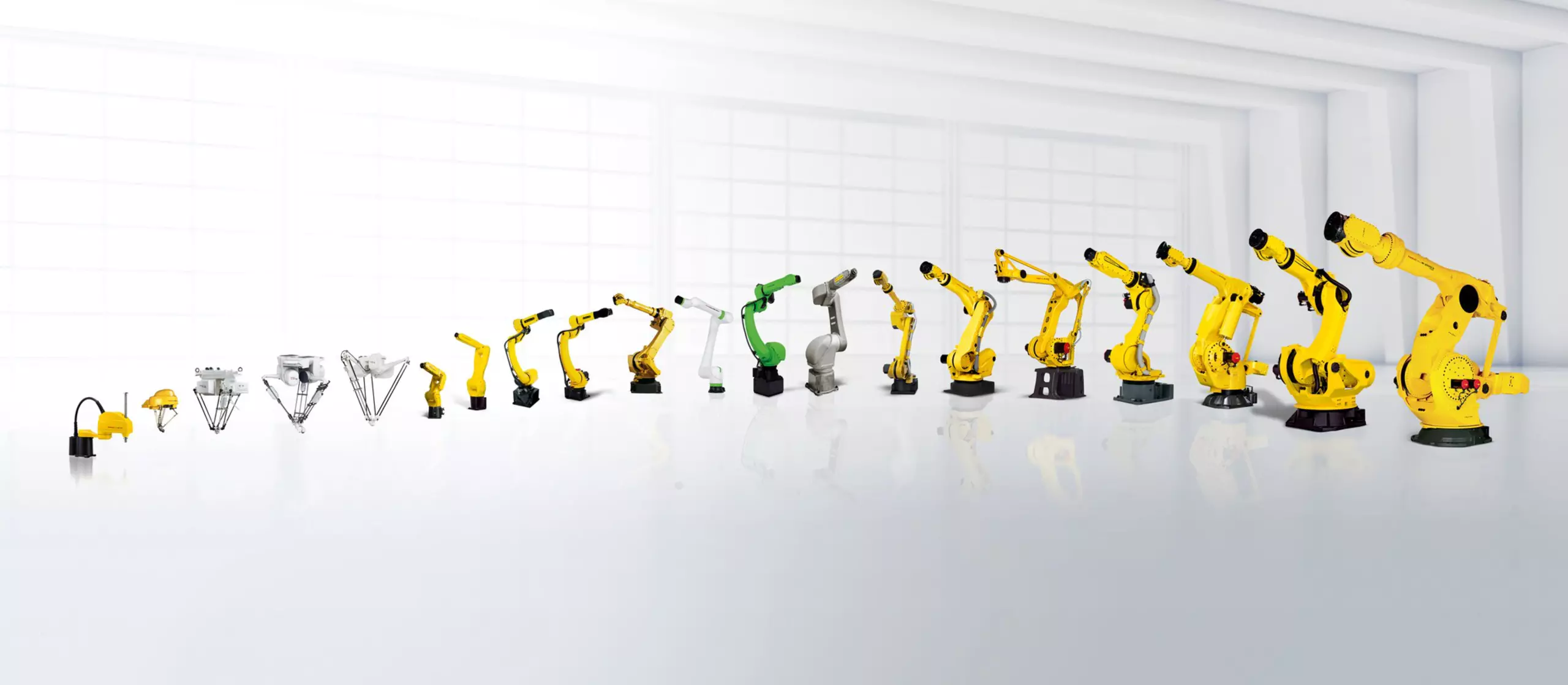 With more than 100 models, FANUC offers the widest range of industrial robots in the world. Covering a diverse range of applications and industries, FANUC robots are easy to operate and provide complete flexibility thanks to a range of application-specific options, straightforward integration, payloads up to 2.3 t and maximum reaches up to 4.7 m.