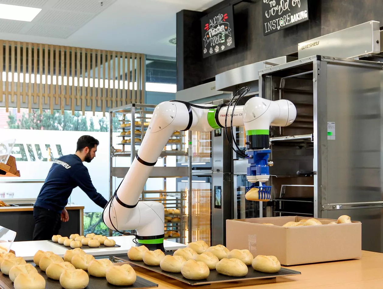 Success story about successful implementation of a FANUC cobot  at the company WIESHEU (food industry). FANUC collaborative robot  CRX-10iA/L takes the buns from a crate, sorts them onto a baking tray and pushes the trays into shelves for baking. The CRX also tips the baked rolls from the tray into sales racks.