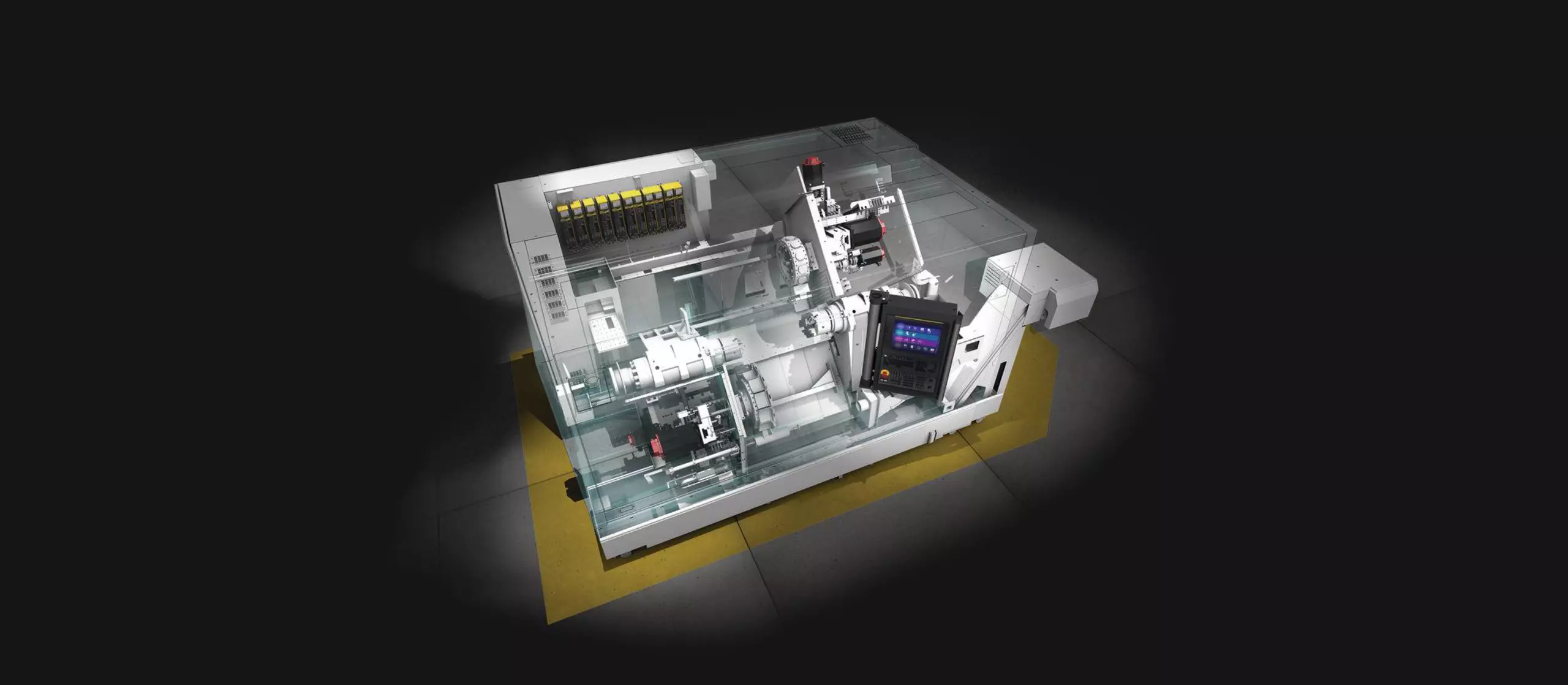 3D image showing a ghost CNC machine equipped with FANUC components. Industrial hall background. High Resolution.