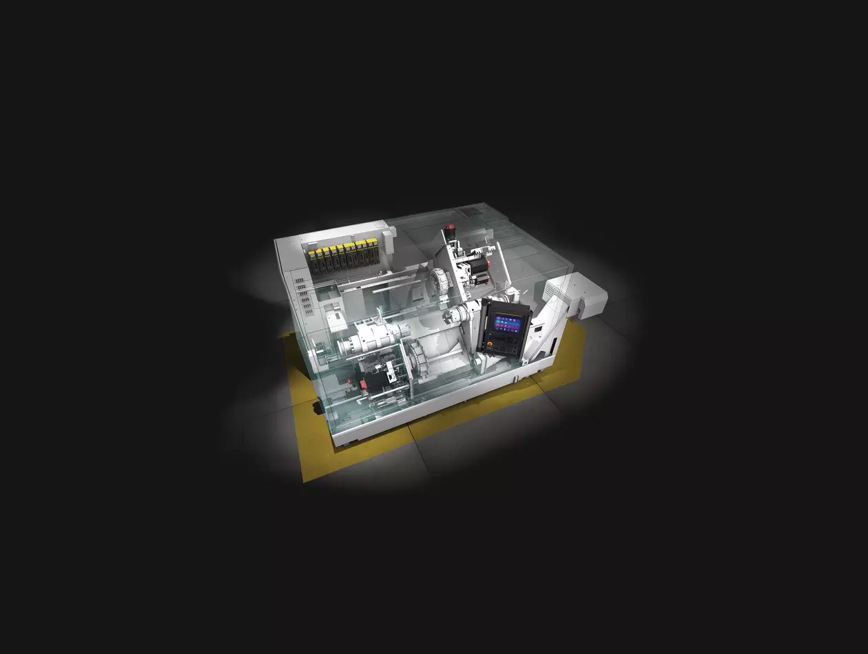 3D image showing a ghost CNC machine equipped with FANUC components. Industrial hall background. High Resolution.