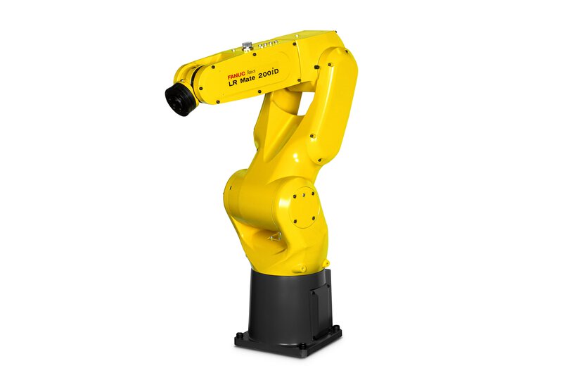 Image of LR Mate/7-7D (LR Mate 200iD) from a left view on a dark grey background. The FANUC LR Mate/7-7D is a compact 6 axis robot ideal for process automation in many industries.