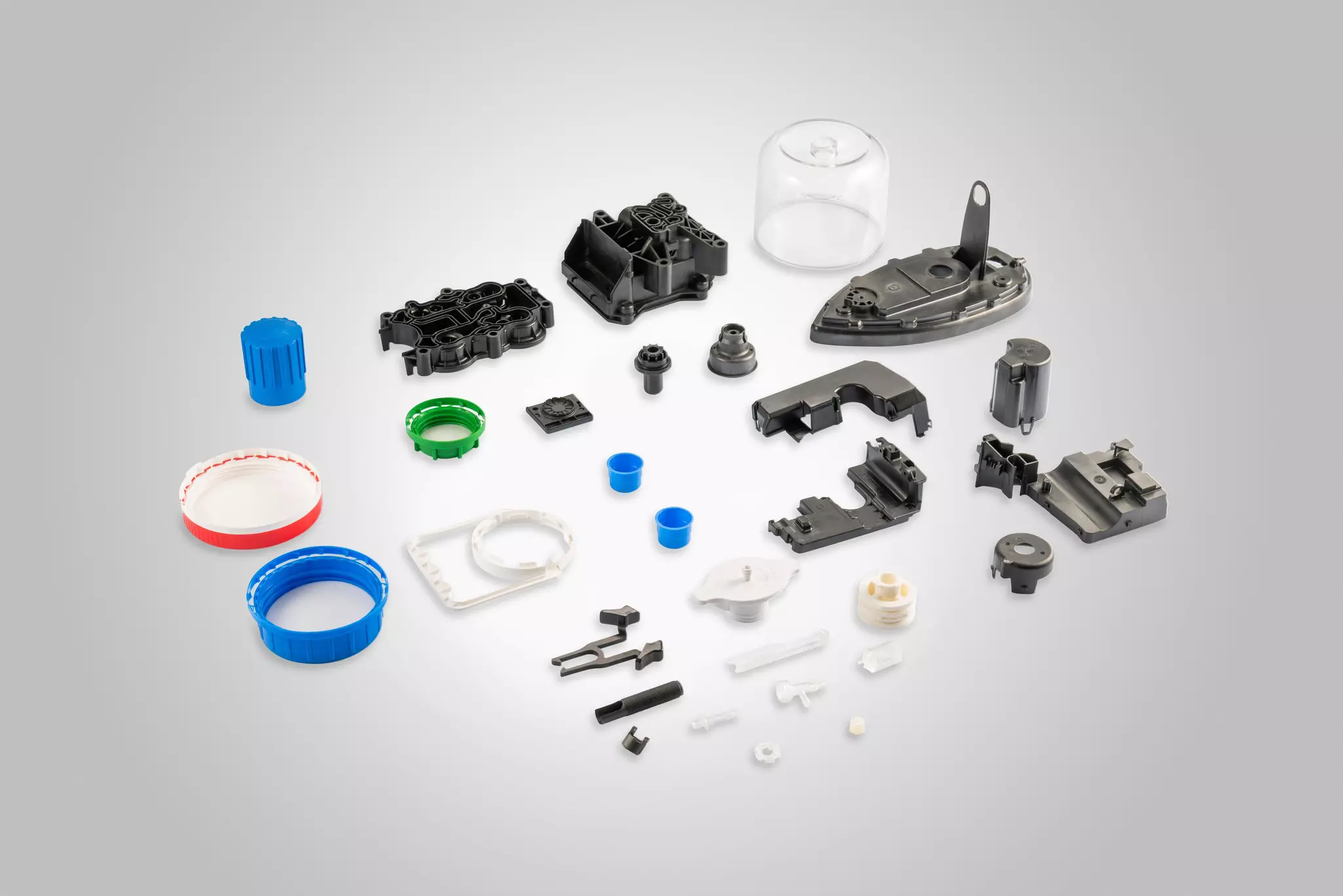 ROBOSHOT workpieces. Group picture of various parts. High resolution.