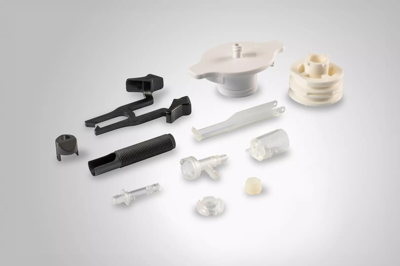 ROBOSHOT workpieces. Group picture of medical parts. High resolution.