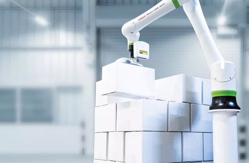 CRX-25iA Palletizing white boxes with factory background/facing left..Also utilizing 3DV/200 vision sensor and R-30 Mini Plus Controller
CRX,  Cobot,  Palletizing,  CRX,  CRX-25iA,  Cobot,  collaborative applications,  palletizing,  Robot
CRX palletising