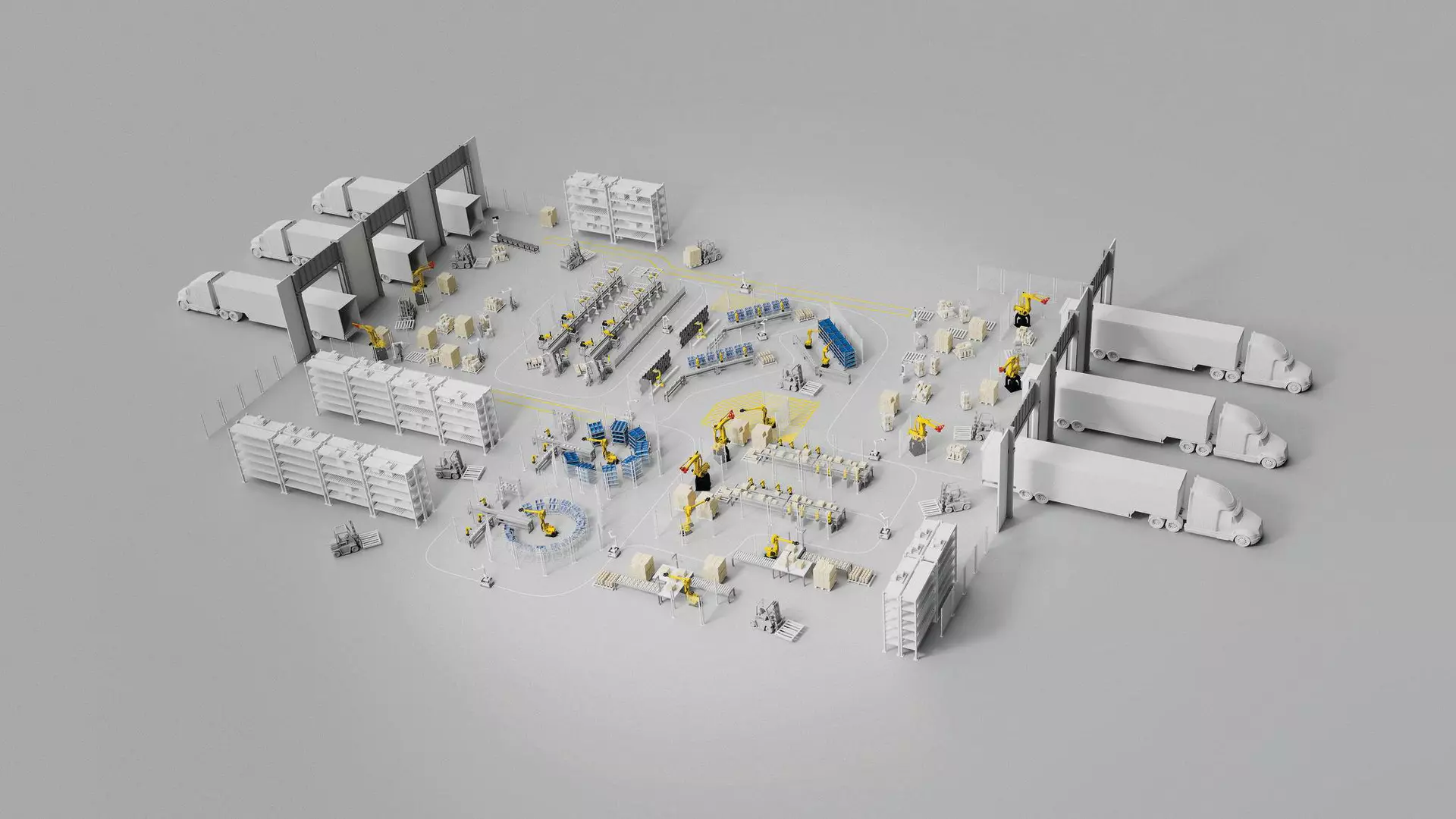 3D simulation of a Logistic and Warehouse production line. High-res industry rendering.