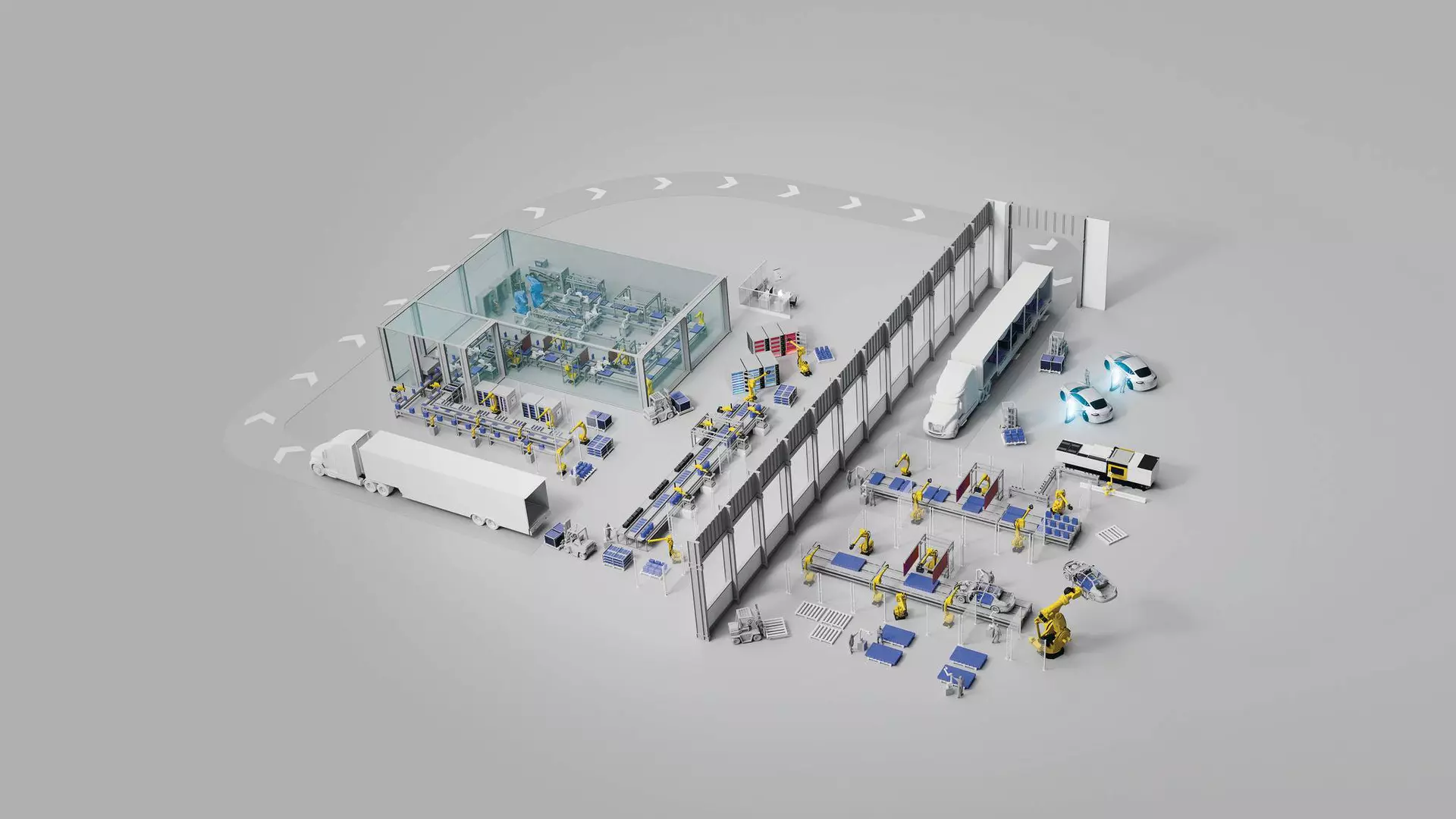 3D simulation of an electric vehicle Battery production line. High-res industry rendering.