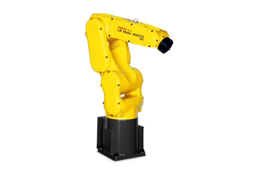 Detail image of LR Mate/4-6D (LR Mate 200iD/4S) from a right view on a white background. The FANUC LR Mate/4-6D is a compact 6 axis robot ideal for process automation in many industries.