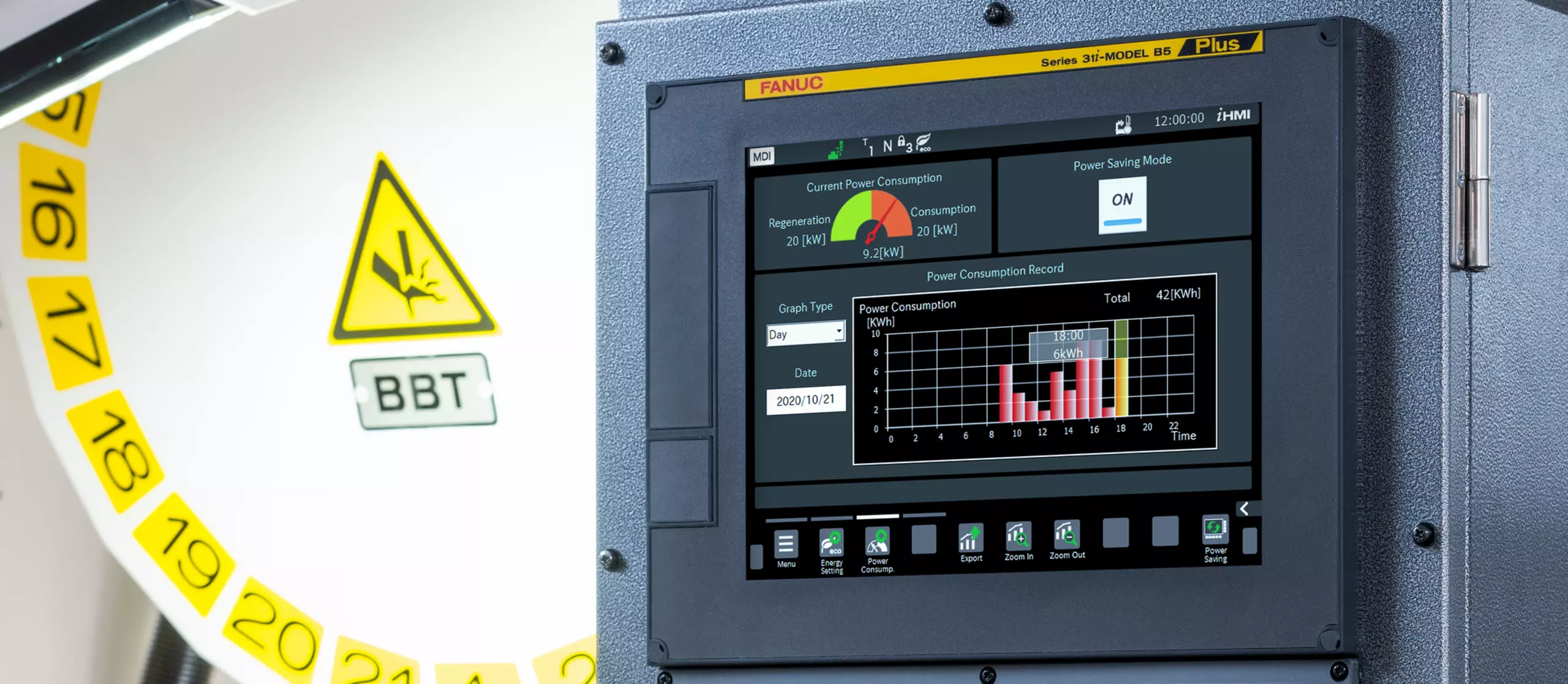 Detail image ROBODRILL Alpha-DiB Plus series with focus on the 31i-B5 Plus control that shows a power consumption screen.