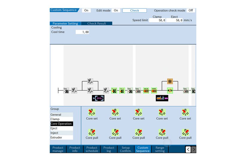 The FANUC ROBOSHOT's Custom Sequence function revolutionises machine operation by allowing users to tailor sequences for both the machine and peripheral devices. This feature-rich function simplifies setup with an intuitive touch interface, providing real-time progress status to ensure smooth operations. Designed with user efficiency in mind, it also includes velocity limitation to confirm the feasibility of operations.