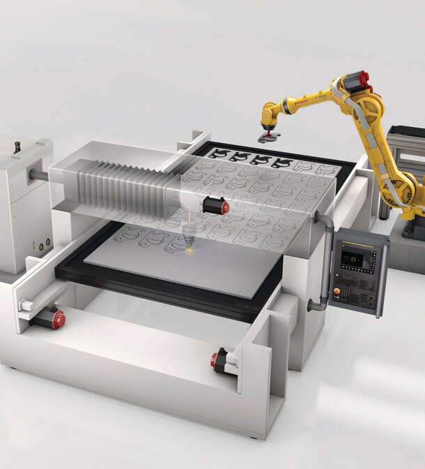 3D illustration of FANUC laser products. laser source, CNC, Drives and robot.