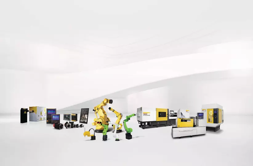 This composite image shows the wide product range of FANUC (FA, Robots and ROBOMACHINES) in a white hall background. High resolution image.