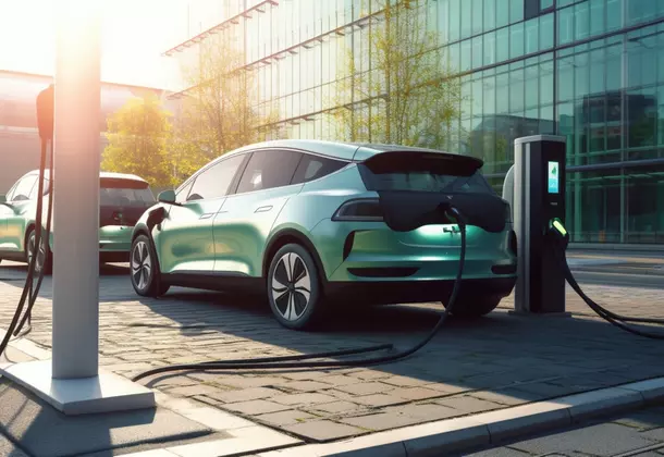 Electric car is charging at an EV-charging station