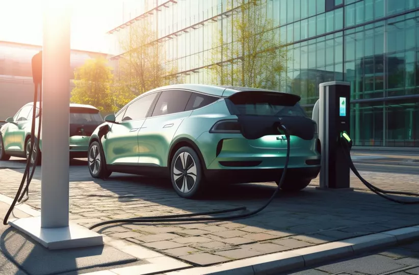 Electric car is charging at an EV-charging station