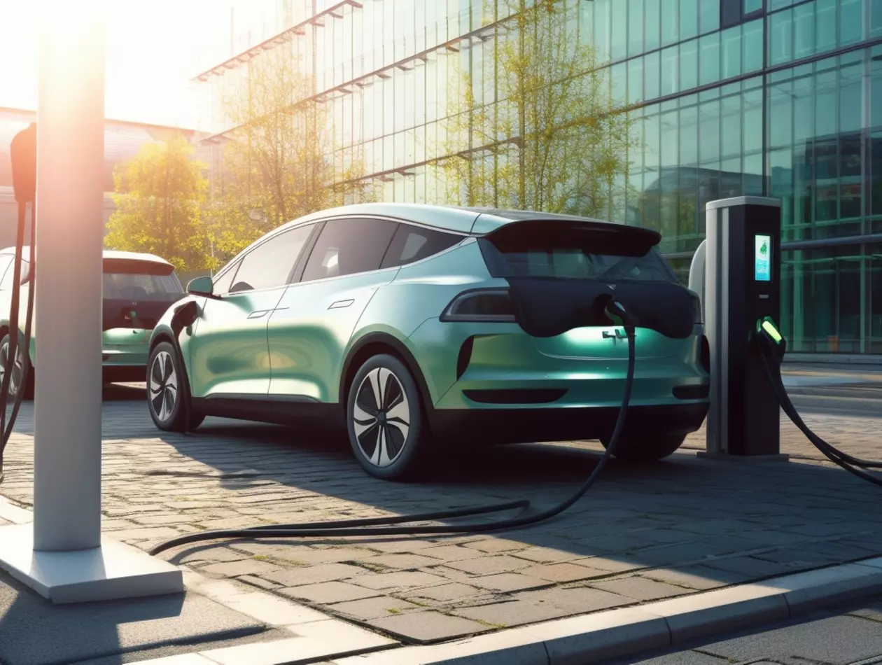 Electric car is charging at an EV-charging station