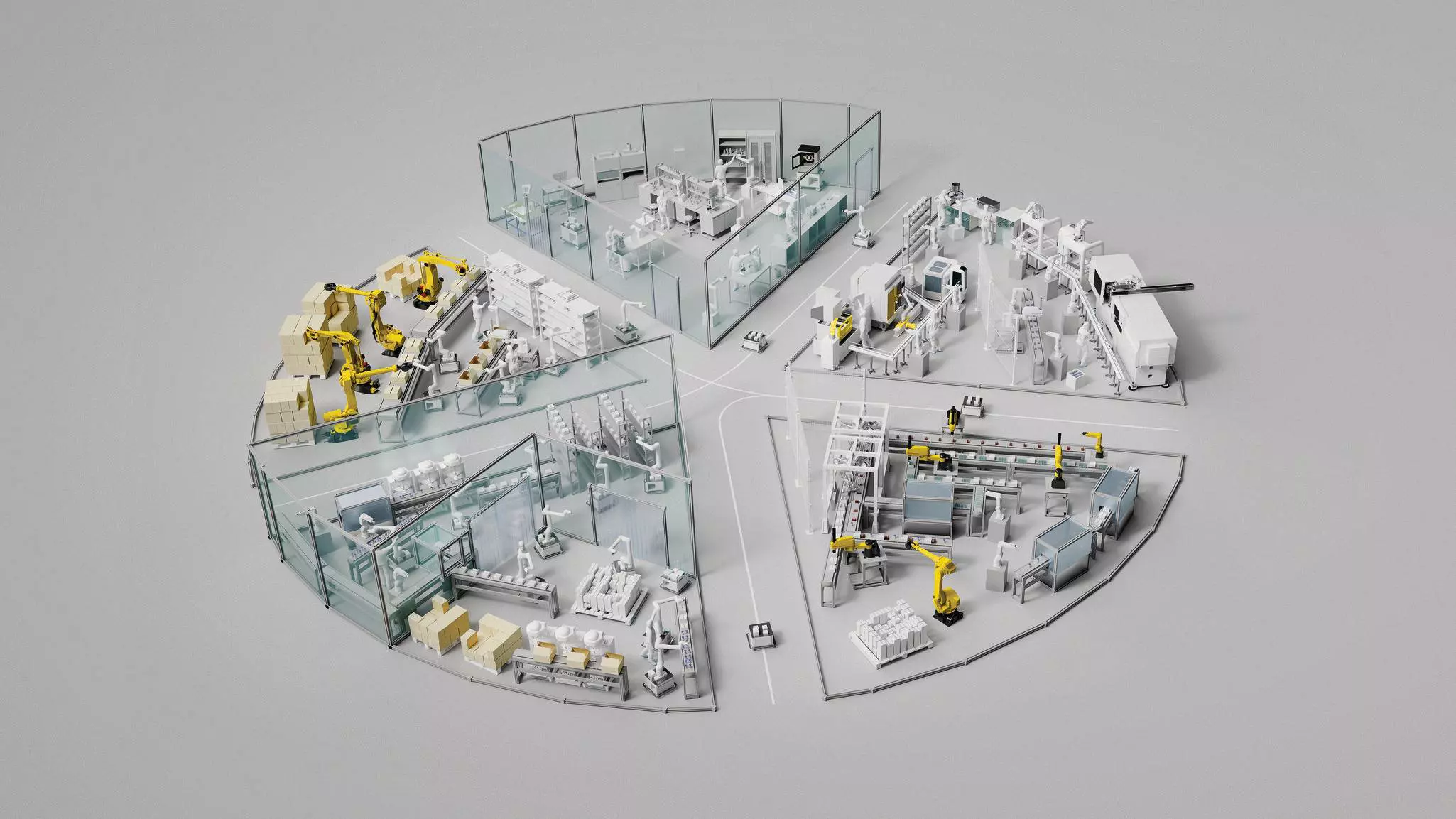 3D simulation of a pharma production line. High-res industry rendering.