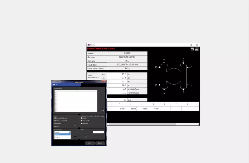 ROBOCUT LINKi QUALITY CONTROL FUNCTION
collects following data and save it on your PC cutting time and consumed wire amount, wire break and alarm occurrence
information, used EDM condition, etc