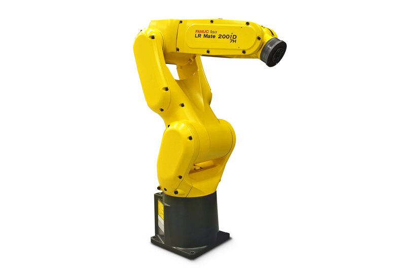 Image of LR Mate/7-7D-5X (LR Mate 200iD/7H) from a right view. The FANUC LR Mate/7-7D-5X is a compact 6 axis robot ideal for process automation in many industries.