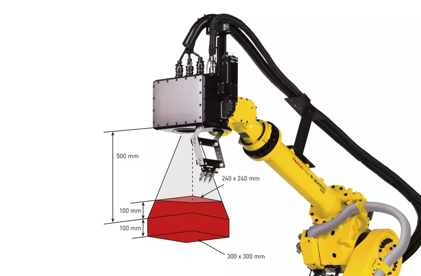 The compact and high-precision FANUC 3D laser scanner LS3Di-A is designed for mass production requiring 
a very high laser welding process speed. The FANUC laser scanner can be seamlessly integrated with FANUC robots resulting in the highest synchronization on the fly, without additional hardware and software. It is possible to create both robot and scanner programs simultaneously in ROBOGUIDE, as well as set robot paths and laser output conditions automatically. A welding monitoring sensor, available as an option, can support real-time welding quality inspection.