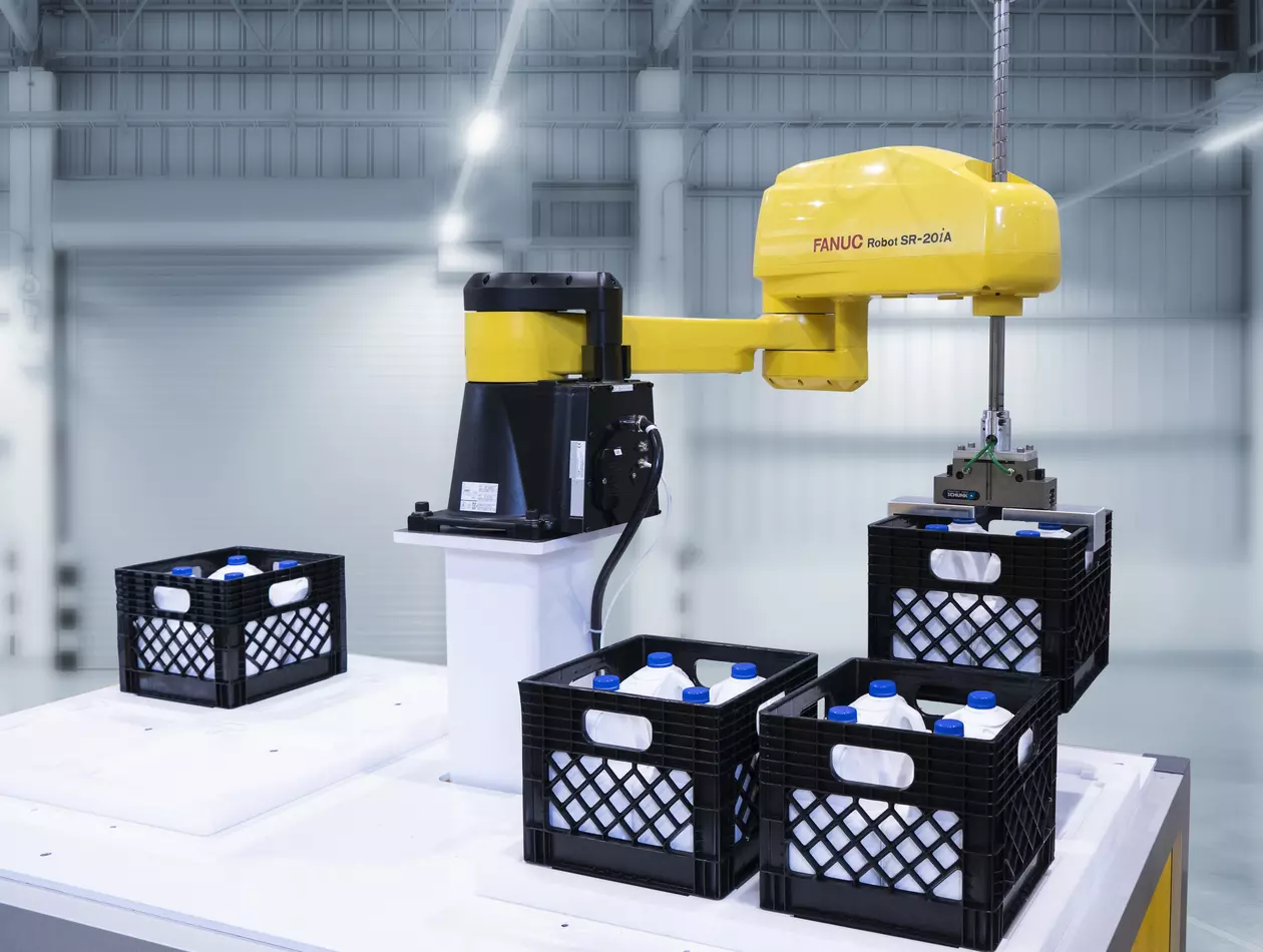 FANUC SCARA SR-20iA handling milk crates.