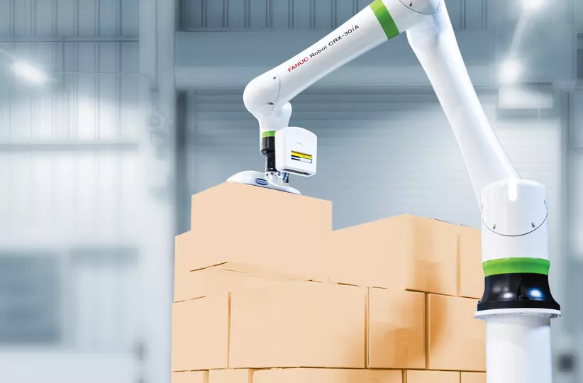 CRX-25iA Palletizing cardboard boxes with factory background/facing left.
CRX,  Cobot,  Palletizing,  CRX,  CRX-25iA,  Cobot,  boxes,  cardboard,  collaborative applications,  palletizing,  Box
CRX palletising