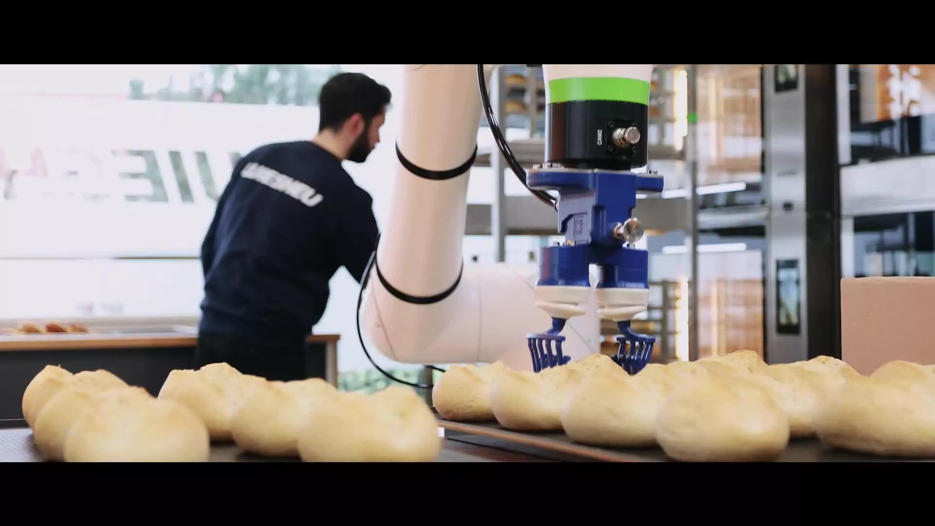 Success story about successful implementation of a FANUC cobot  at the company WIESHEU (food industry). FANUC collaborative robot  CRX-10iA/L takes the buns from a crate, sorts them onto a baking tray and pushes the trays into shelves for baking. The CRX also tips the baked rolls from the tray into sales racks.