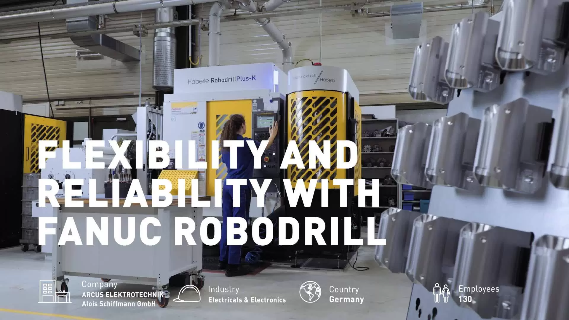 Arcus-Haberle case study video
ARCUS ELEKTROTECHNIK is using a FANUC ROBODRILL Plus-K automated machining cell to manufacture complex, high-precision energy sector components economically from batch sizes as small as one. Combining a FANUC ROBODRILL α-D21MiB5 ADV Plus CNC machining centre with integrated tool and workpiece handling via a FANUC LR Mate 200iD robot, the solution enables flexible, unmanned production with rapid changeovers and minimal downtime.