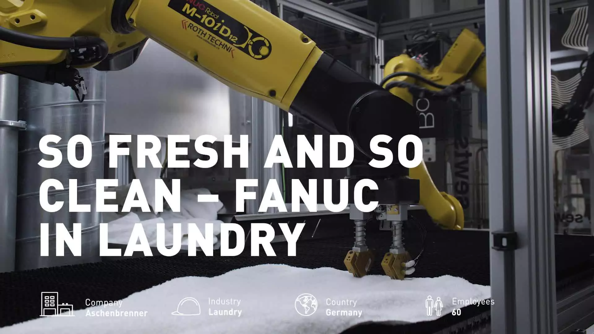 Success story about FANUC robots handling laundry. FANUC M-10iD/12 fold towels automatically. 