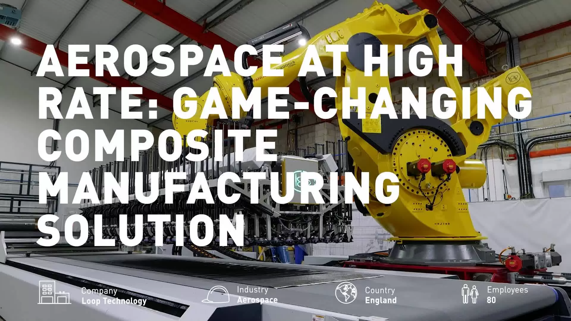 Loop Technology case study video.
M-2000 series supports the development of Loop Tehcnology FibreLINE composite preform automation system for the aerospace sector. The robots handle large, complex end effectors with exceptional precision, helping deliver breakthrough deposition rates, better cell access and repeatable quality for next-generation aircraft structures.