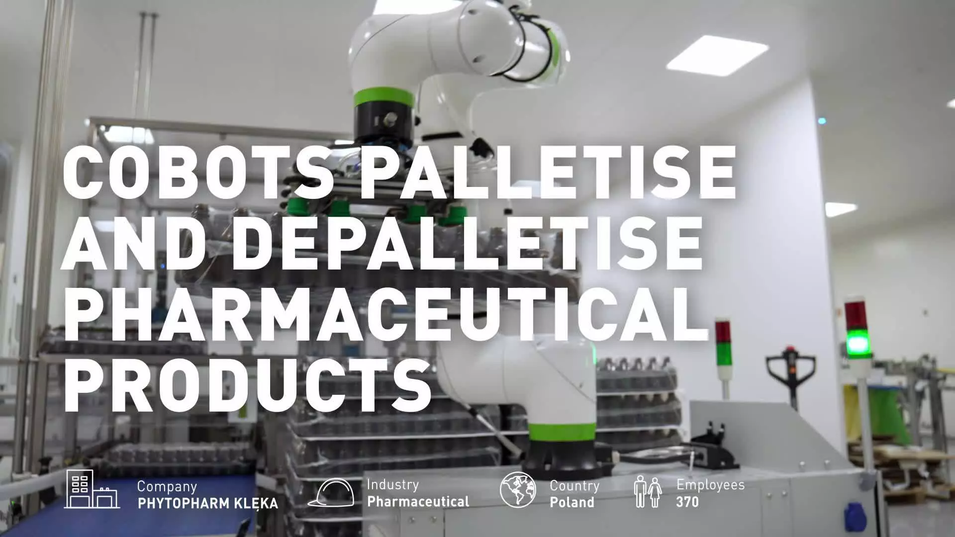 CRX cobots (CRX-20iA/L and CRX-25iA) at Phytopharm Klęka S.A. automate bottle de‑palletising and heavy carton palletising, using custom vacuum gripping and FANUC PalletTool® software to streamline and manage operations.